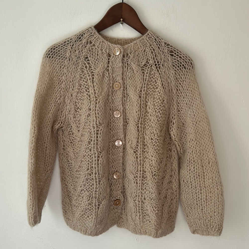 Handmade Mohair Blend Cardigan Cable Open Knit Champagne Blush - Size Small